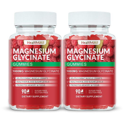 Health4All magnesium glycinate gummies bottle with raspberry flavor supporting relaxation and daily wellness.