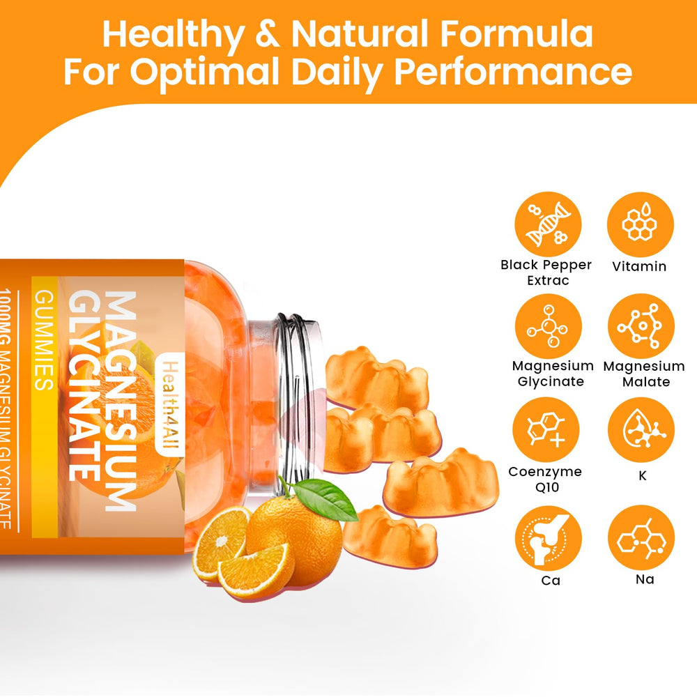 Health4All magnesium glycinate gummies closeup orange gummies, simple chew.
