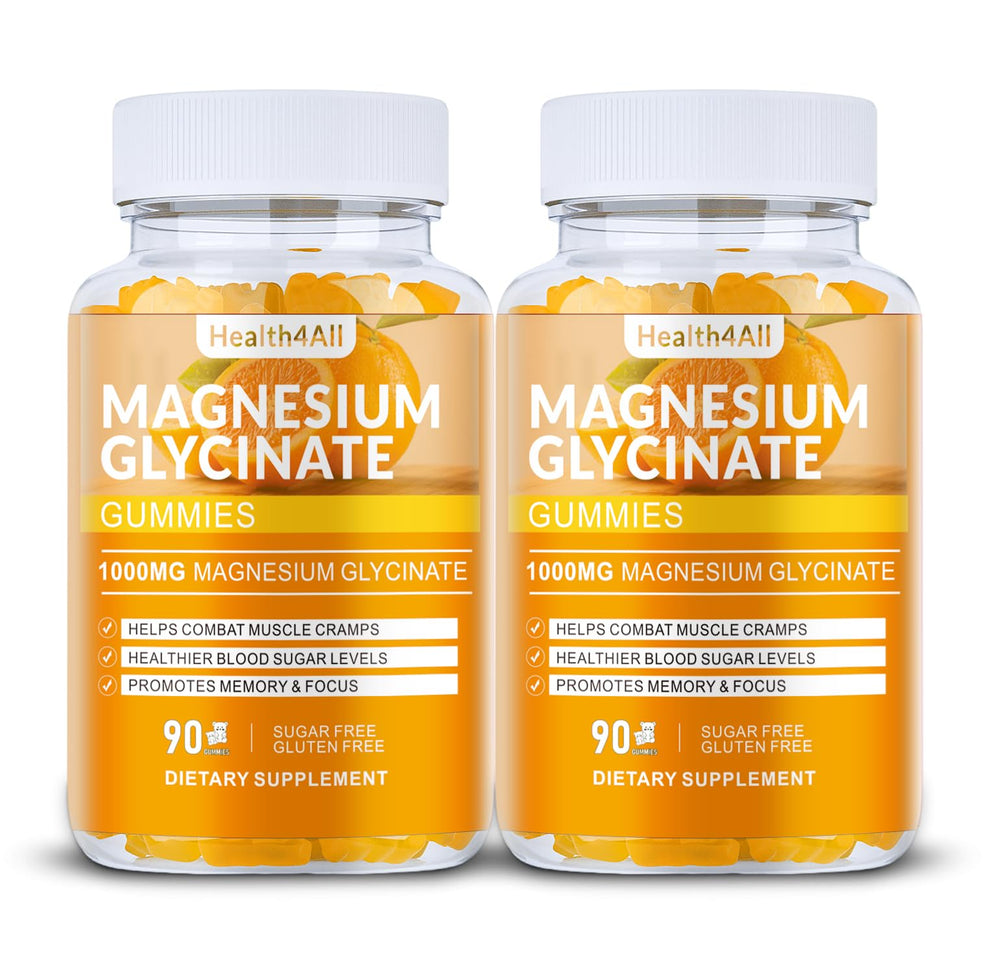 Health4All magnesium glycinate gummies orange bottle, easy daily supplement for relaxation.