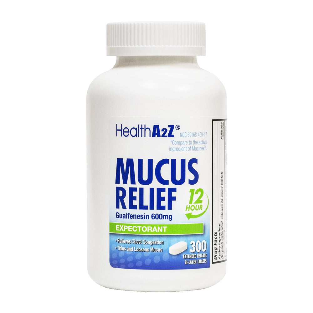 HealthA2Z Mucus Relief bottle demonstrates 12-hour extended release for easier breathing.