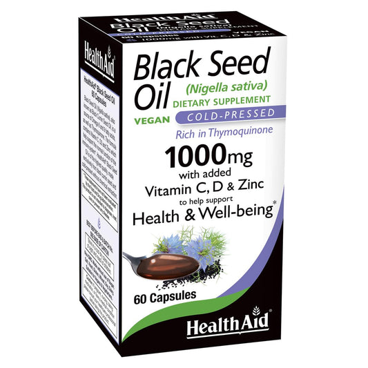 HealthAid Black Seed Oil 1000mg bottle showcases premium cold-pressed oil for daily wellness