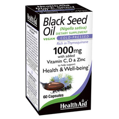 HealthAid Black Seed Oil 1000mg bottle showcases premium cold-pressed oil for daily wellness