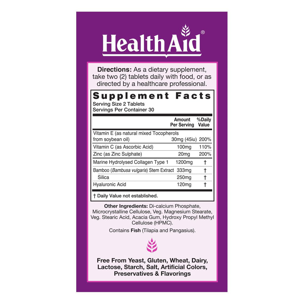 HealthAid Collagen Complex ingredients highlight hyaluronic acid for skin elasticity