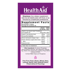 HealthAid Collagen Complex ingredients highlight hyaluronic acid for skin elasticity