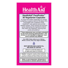 HealthAid FemProbio label close-up highlighting ingredients and prebiotic fiber