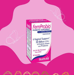 HealthAid FemProbio capsules pouring out of bottle for daily use