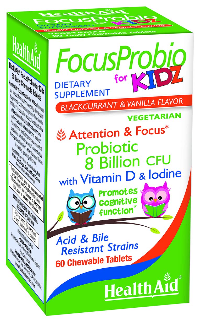 HealthAid FocusProbio Kidz bottle front, tasty chewables supporting digestion and focus.