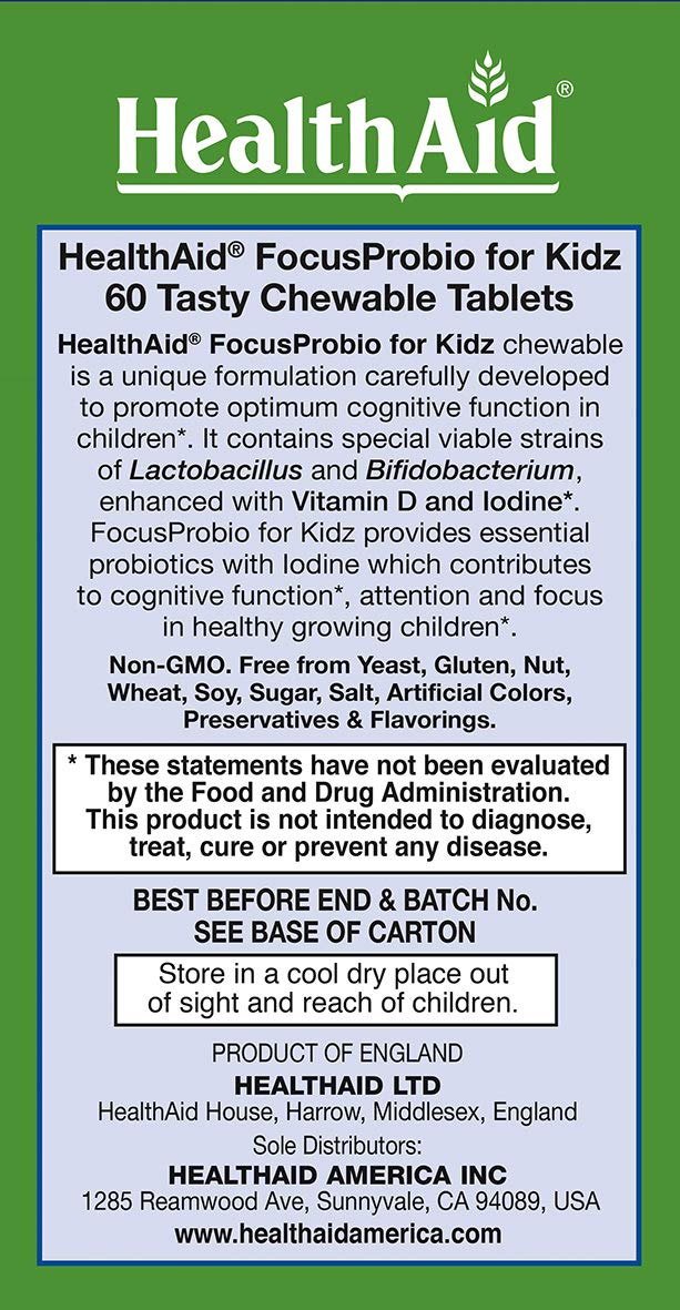 HealthAid FocusProbio Kidz chewables close-up, convenient on-the-go support for attention.