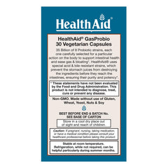 HealthAid GasProbio label back showing 9 strains and prebiotic FOS benefits.