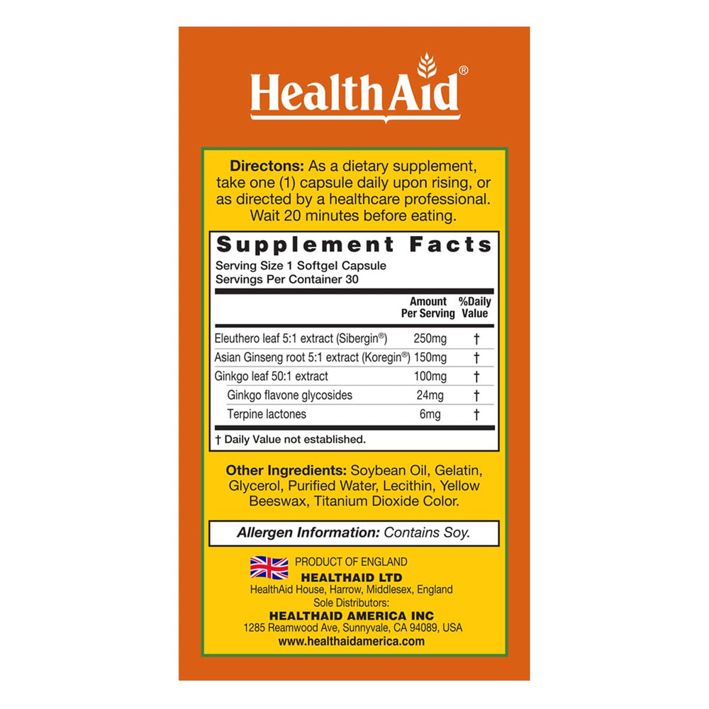 HealthAid Ginkgo Vital 3 label closeup — highlights the blend for energy support.