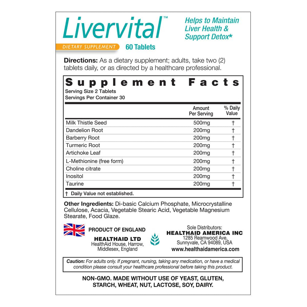Close-up of HealthAid LiverVital tablets highlighting vegan-friendly lipotropic nutrients.