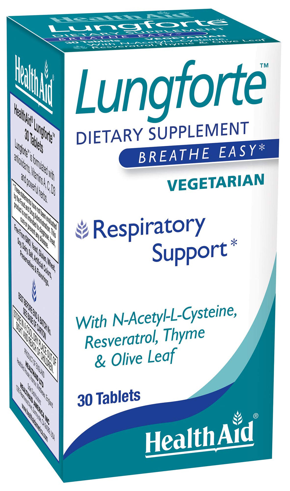 HealthAid LungForte bottle front showing daily lung support tablets for wellness