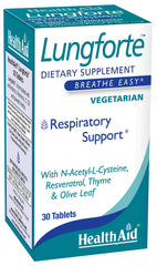 HealthAid LungForte bottle front showing daily lung support tablets for wellness
