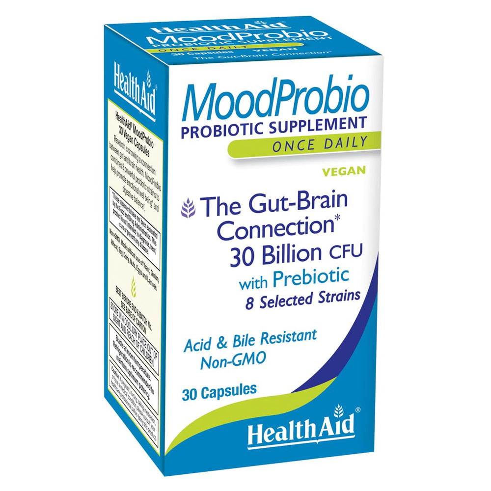 HealthAid MoodProbio bottle with 30 capsules for daily use, may support mood balance.