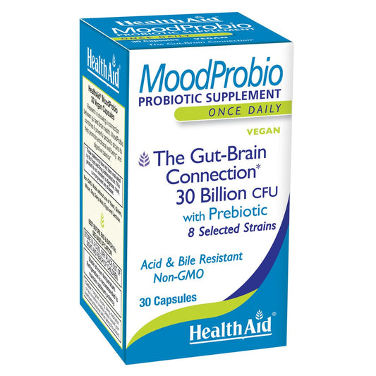 HealthAid MoodProbio bottle with 30 capsules for daily use, may support mood balance.