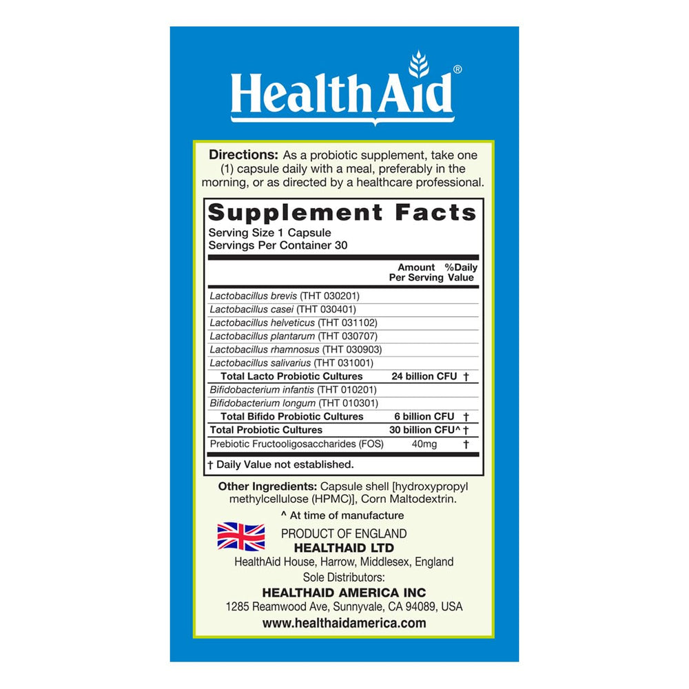 HealthAid MoodProbio bottle close-up showing probiotic capsules for daily wellness.