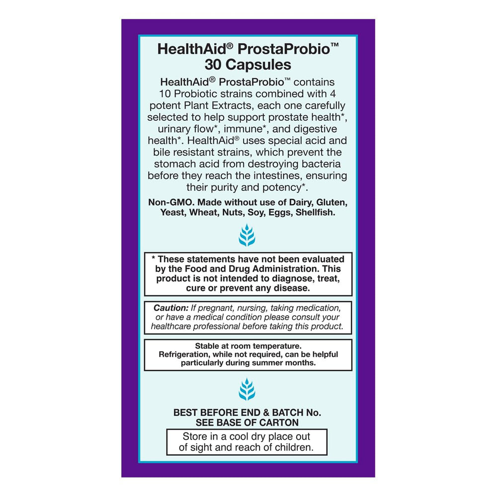HealthAid ProstaProbio bottle label showing packaging for urinary health.