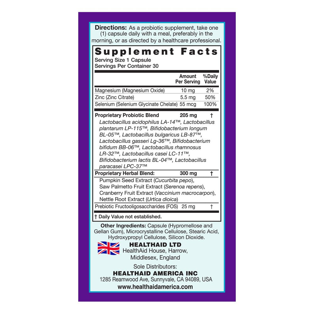 HealthAid ProstaProbio with pumpkin seed and cranberry, visualizing urinary support benefits.
