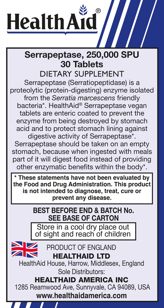 HealthAid Serrapeptase delayed-release bottle for convenient daily dosing.
