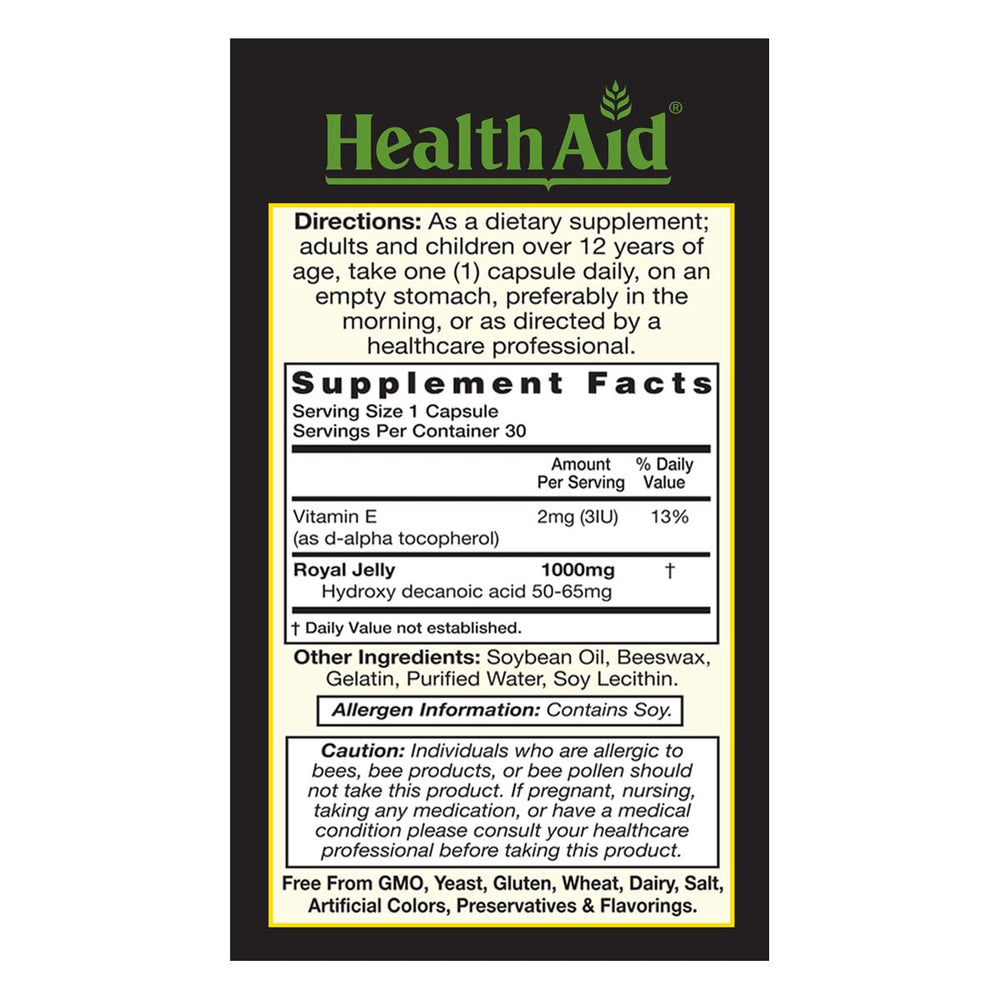 HealthAid Tang Royal Jelly 1000mg softgel capsules close-up showing nutrient-rich formula.
