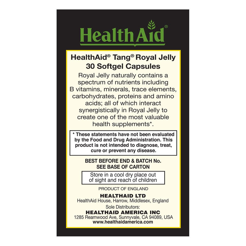HealthAid Tang Royal Jelly 1000mg label highlights England origin and ingredients.