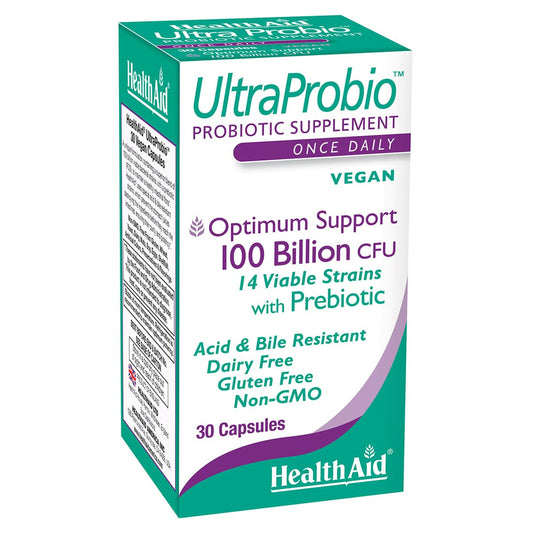 HealthAid UltraProbio 100Billion capsule: high potency probiotic formula for daily use.