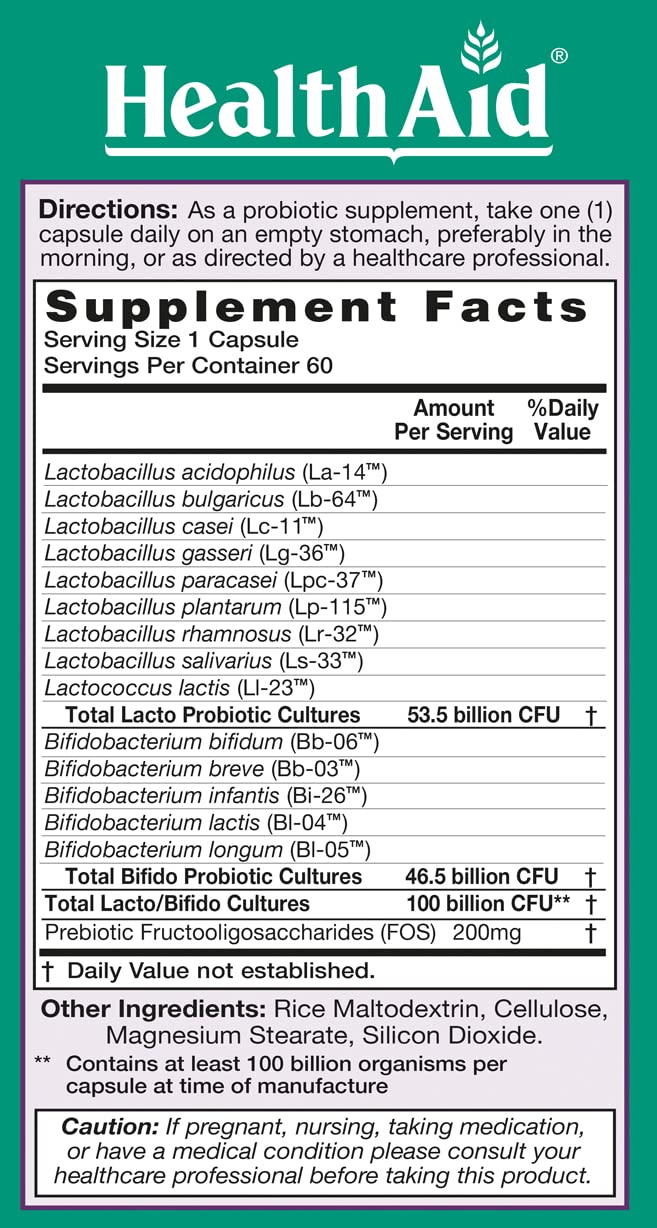 HealthAid UltraProbio capsules close-up highlighting acid and bile resistant formula for intestinal delivery.