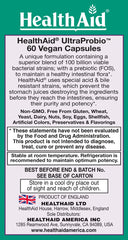 HealthAid UltraProbio label shows 14 strains with prebiotic FOS for healthy gut flora.