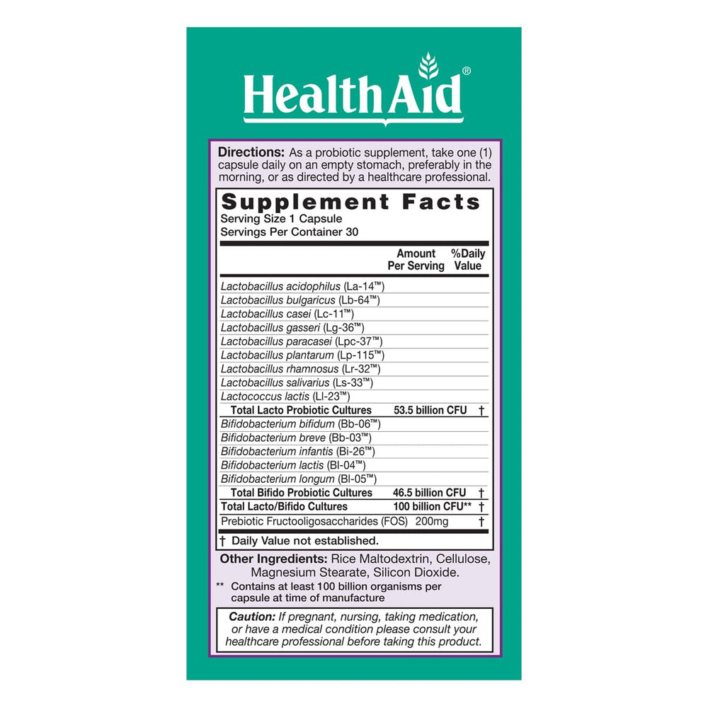 HealthAid UltraProbio viable strains 14 types illustrated for gut diversity.