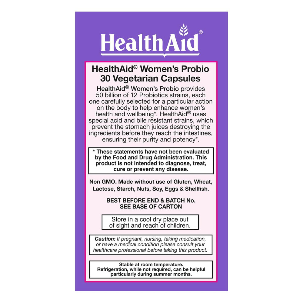 HealthAid Women's Probiotic bottle image showing easy daily use and portability.