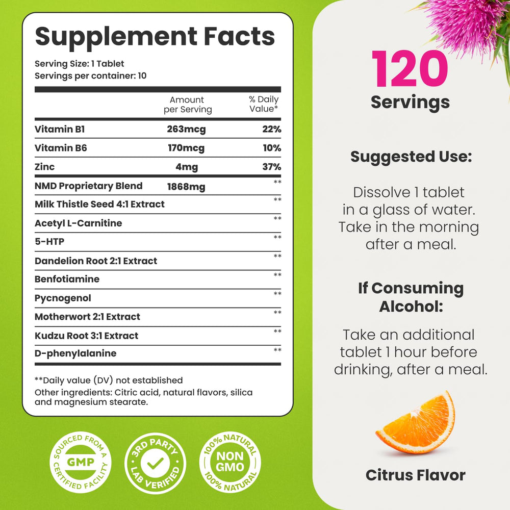 NoMoreDrinks tablet closeup emphasizes convenient daily use.
