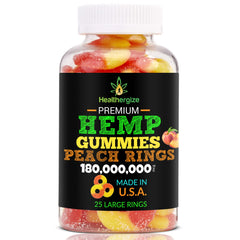 Healthergize peach-flavored gummies close-up showing chewy texture for calm evenings.