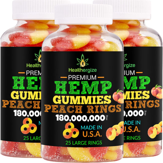Healthergize 3-pack hemp gummies peach rings bottle: appealing flavor and convenient packaging
