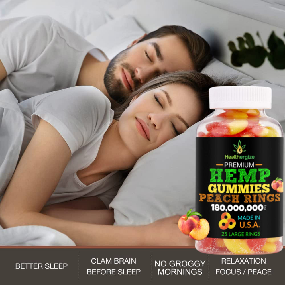 Healthergize 3-pack hemp gummies peach rings closeup: juicy texture and peach aroma