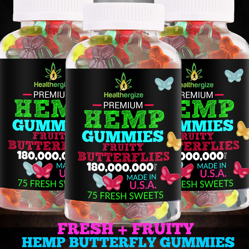 3-pack Healthergize hemp gummies on shelf emphasizing value.