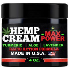 Healthergize hemp cream tube showing premium formula for dry skin relief.