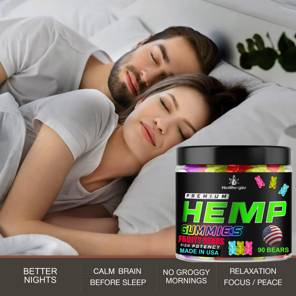 Healthergize hemp gummies closeup texture highlights chewy consistency and pleasant hemp flavor.