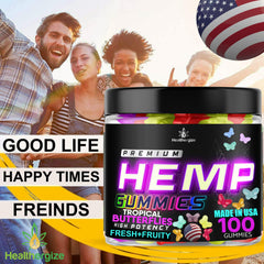 Healthergize Hemp Gummies closeup texture shows chewy fruit flavors for a tasty nightly ritual.