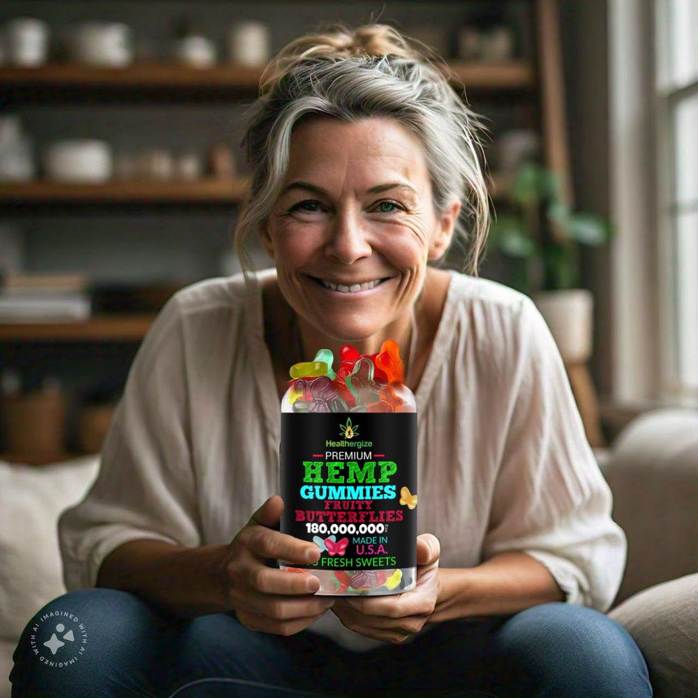 Healthergize hemp gummies USA-made packaging showcased for quality.