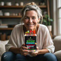 Healthergize hemp gummies USA-made packaging showcased for quality.