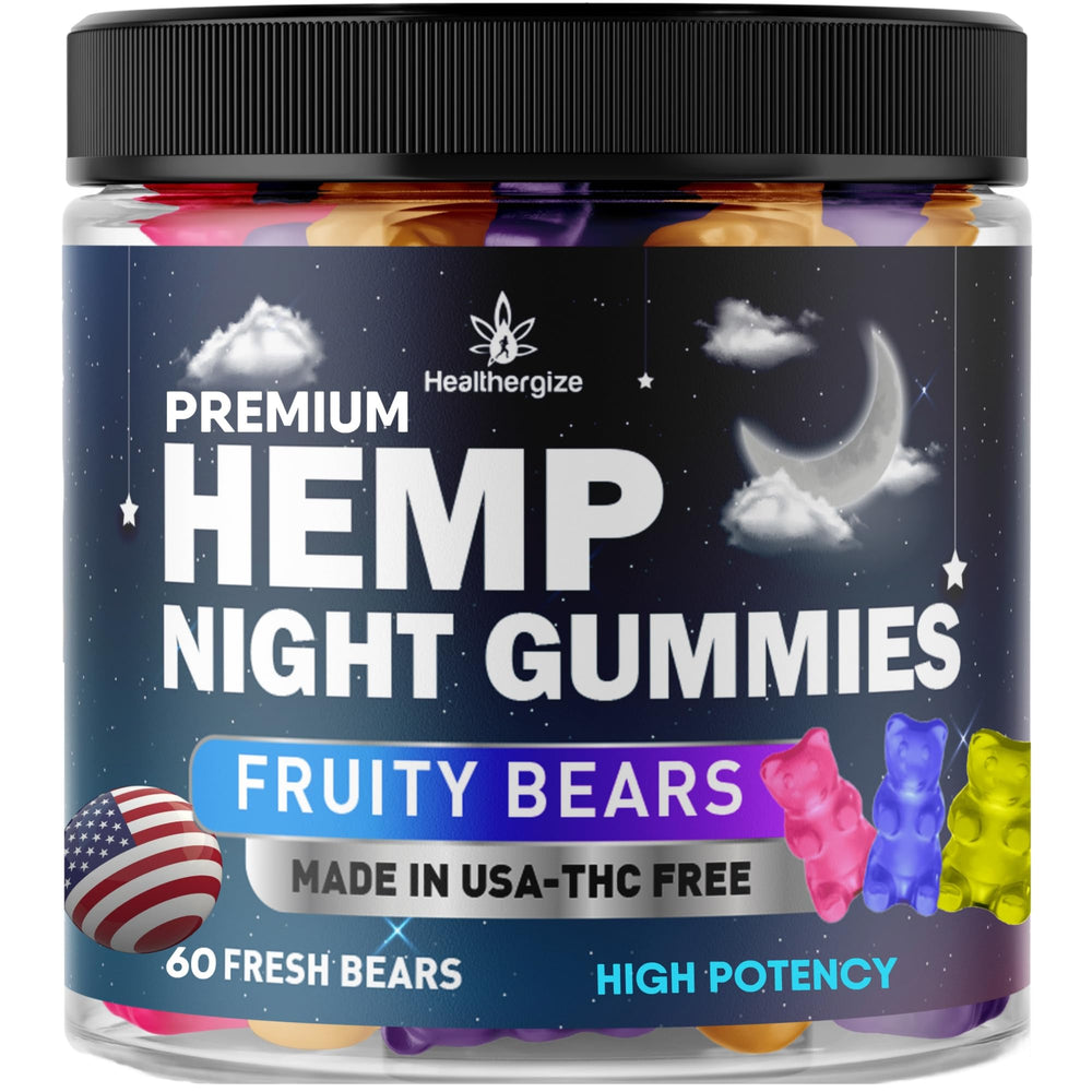 Healthergize hemp gummies nighttime bottle front offers a calming, relaxing bedtime option.