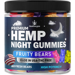 Healthergize hemp gummies nighttime bottle front offers a calming, relaxing bedtime option.