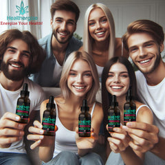 Healthergize hemp oil full flavor label highlights organic ingredients and natural nutrients.