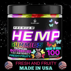 Healthergize hemp oil gummy label highlights USA-made quality and omega content.