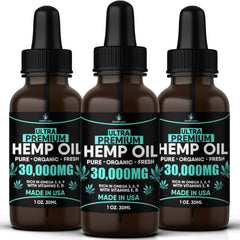 Healthergize hemp oil bottle shows triple-pack packaging for skin care and relaxation.