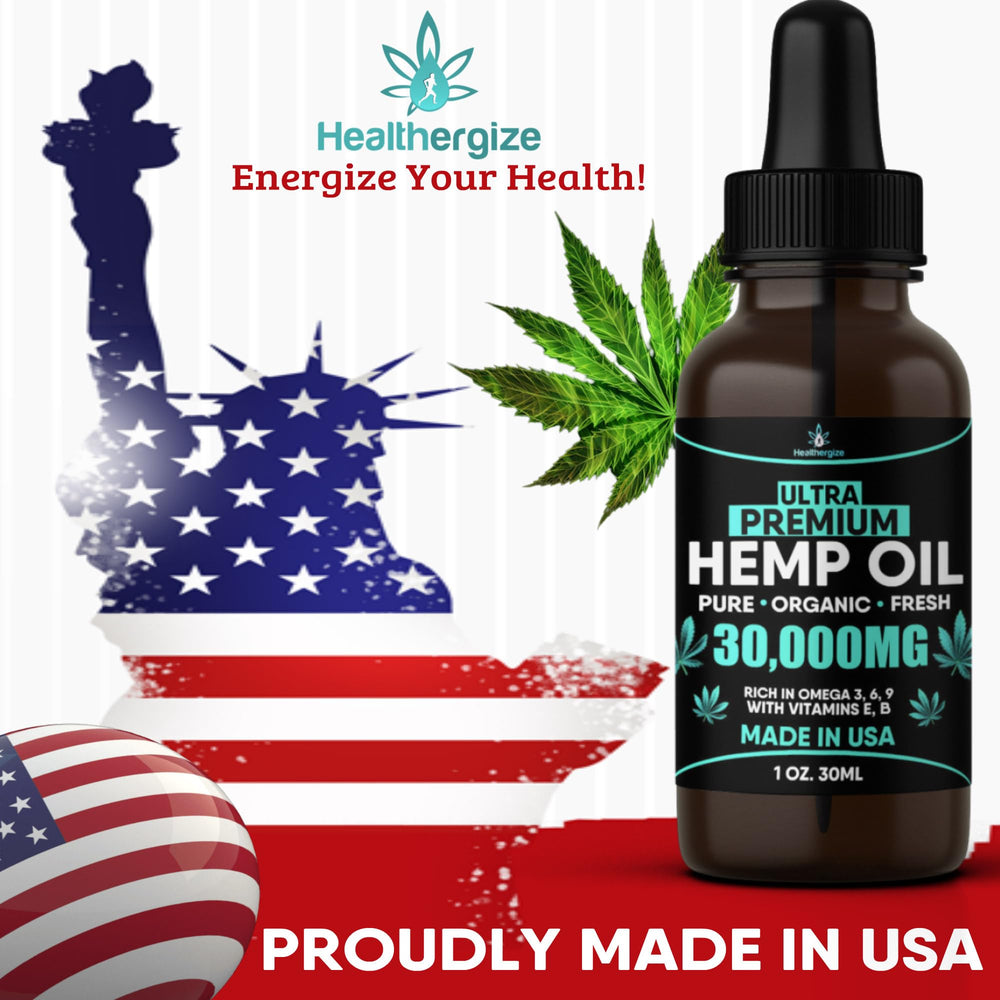 Healthergize hemp oil bottle with another bottle in the triple-pack for daily use.