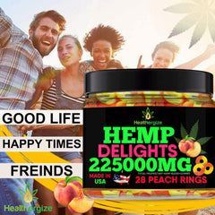 Healthergize peach-infused gummies pack emphasizes freshness in a sealed bag.