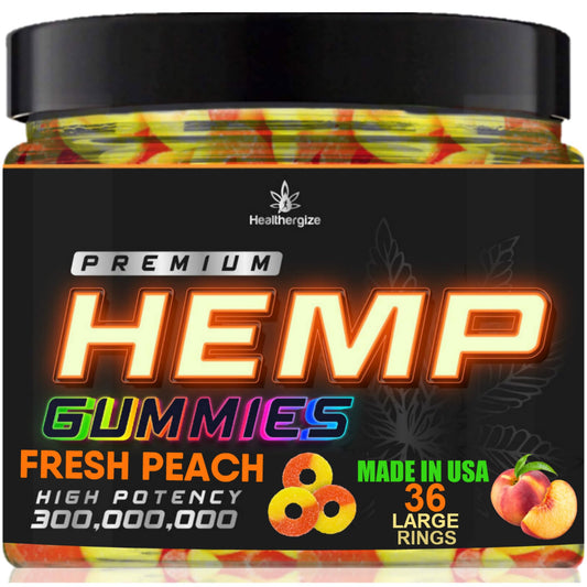Healthergize Peach Ring Gummy Bears in package showing calm, flavorful treat.