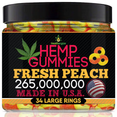 Healthergize Peach Rings gummies bottle close-up highlighting fresh peach flavor.