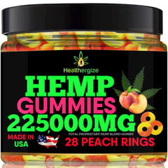 Healthergize peach rings gummy bears closeup with tangy peach flavor for daily calm.